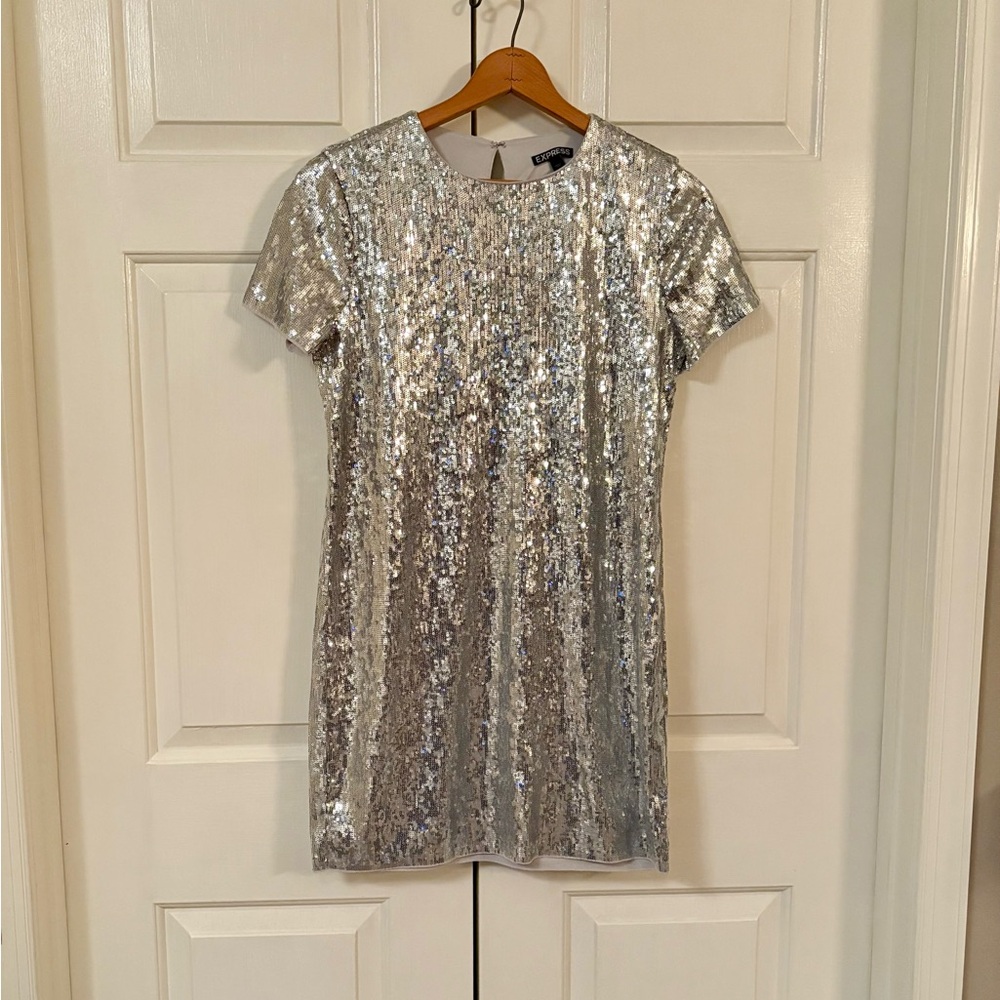 Express Sparkling Silver Sequin Mini Dress
